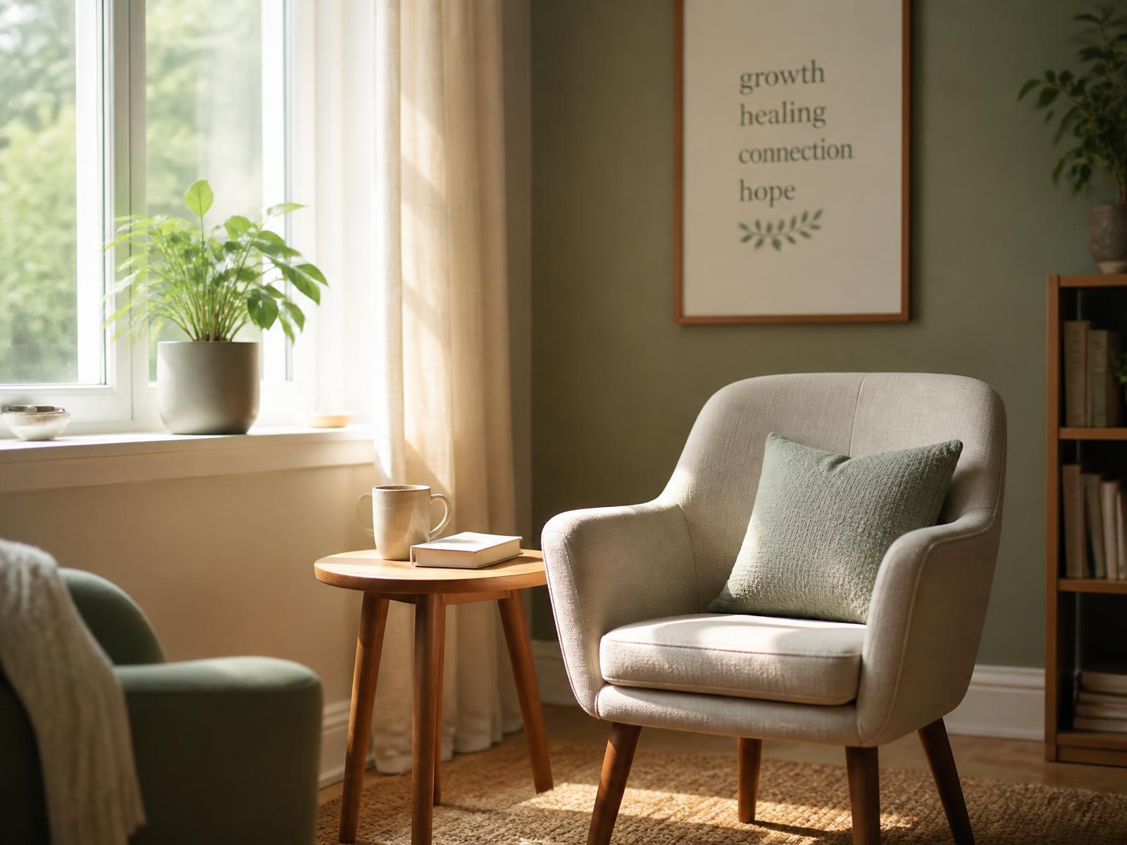 Sunlit therapy office with a linen armchair, side table, and plants